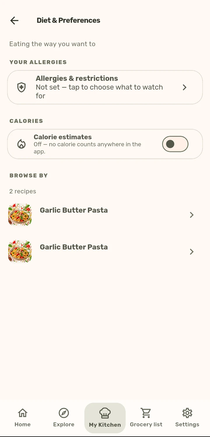 Diet & Preferences in the ChopCue app