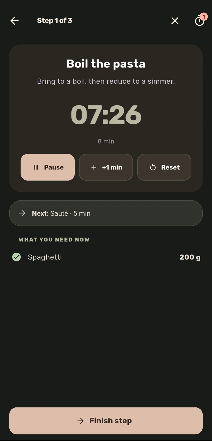 Cook Mode: boil the pasta, with a running timer and the ingredient it needs
