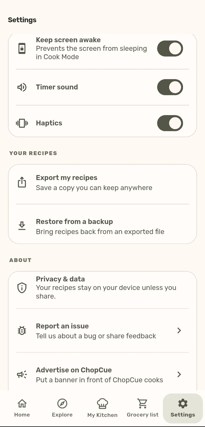Recipe backup in the ChopCue app