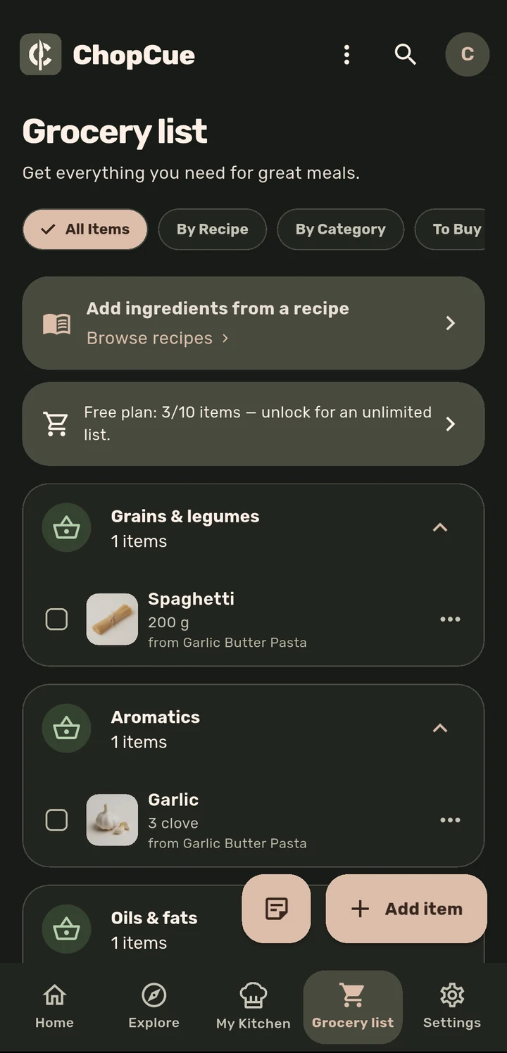 Grocery list grouped by category