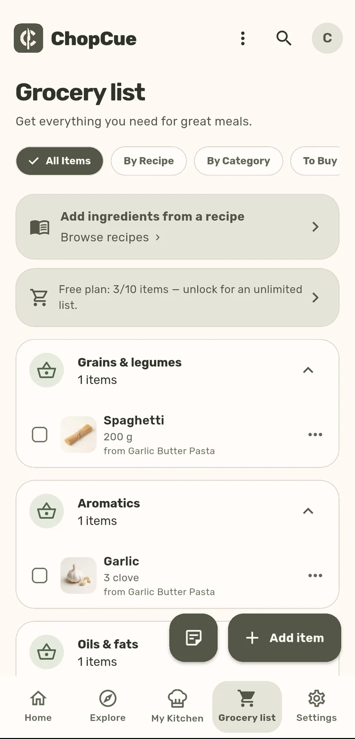Grocery list in the ChopCue app