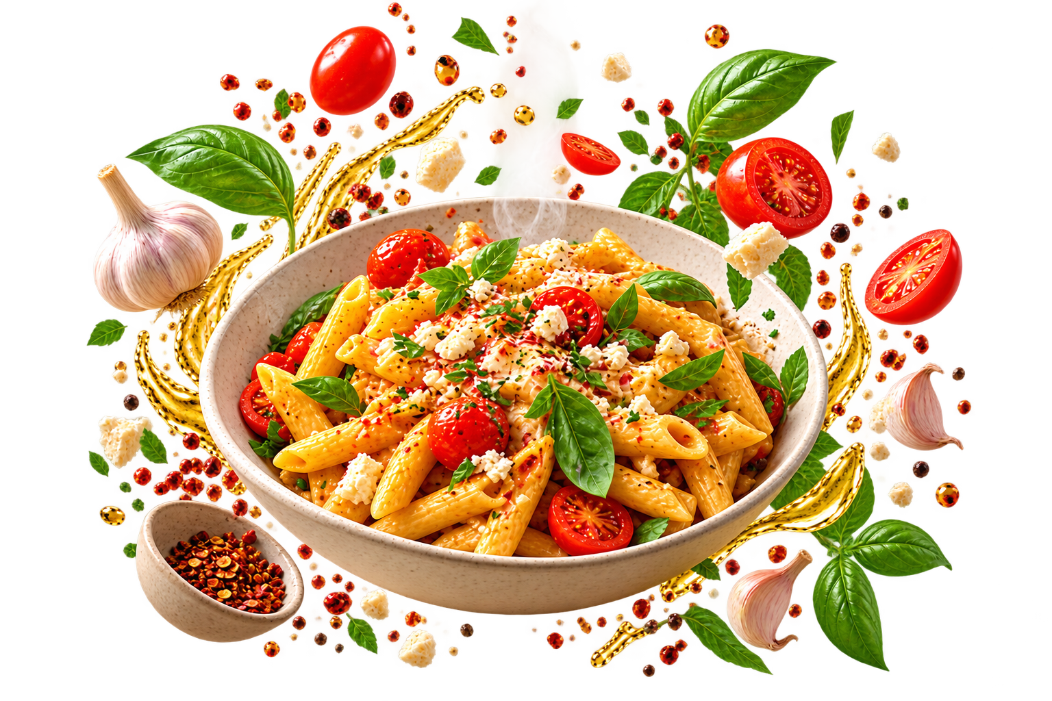 A bowl of garlic butter pasta, garnished with basil, tomato and parmesan